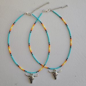 Turquoise beaded longhorn charm western handmade choker necklace